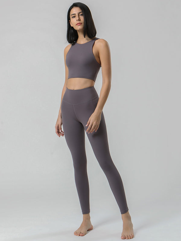 Breathable Solid Color High-Waisted Pockets Yoga Suits