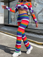 Cropped Long Sleeves Multi-Colored Round-Neck Suits