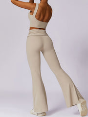 Skinny Sleeveless Backless Pleated Solid Color Round-Neck Tank&Pants Suits