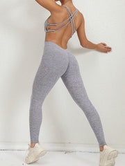 Skinny Wrap Back Cross Backless Hollow Solid Color Yoga Jumpsuits