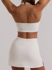 Wrap Backless Solid Color Split-Side Halter-Neck Sports Bra&Skirts Suits