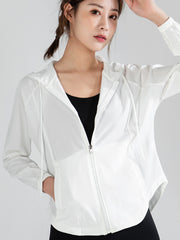 Long Sleeves Loose Hood Pockets Solid Color Zipper Yoga Tops