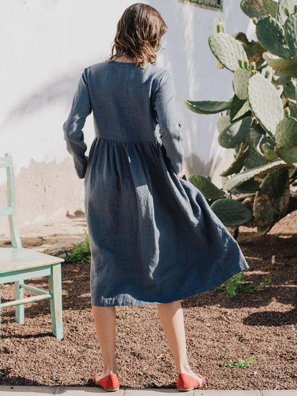 Round Neck Solid Color Buttoned Cotton And Linen Dress