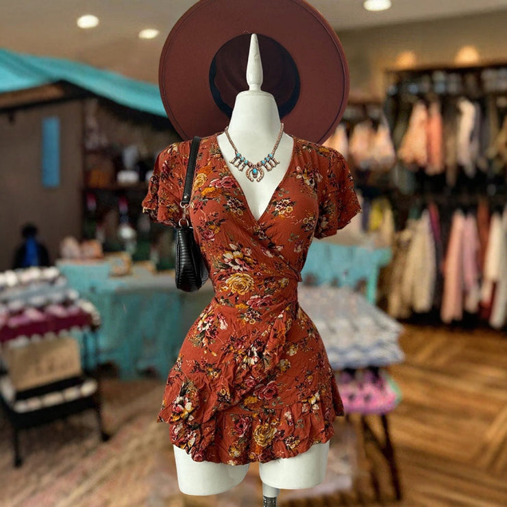 Summer Women's V Neck Short-Sleeved Chiffon Printed Dress