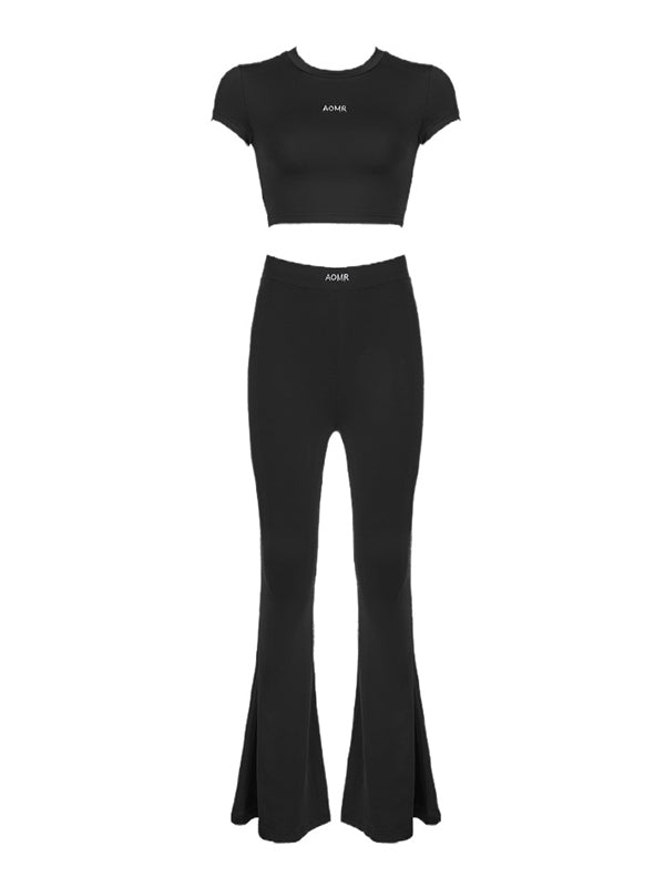 Cropped Letter Print Round-Neck Tee&Flared Pants Suits