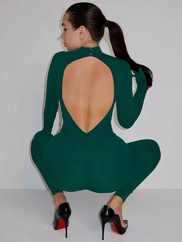 Skinny Wrap Backless Solid Color Jumpsuits