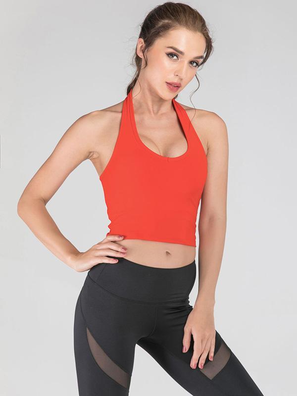 Solid Color Wrap Halter Neck Sports Bra