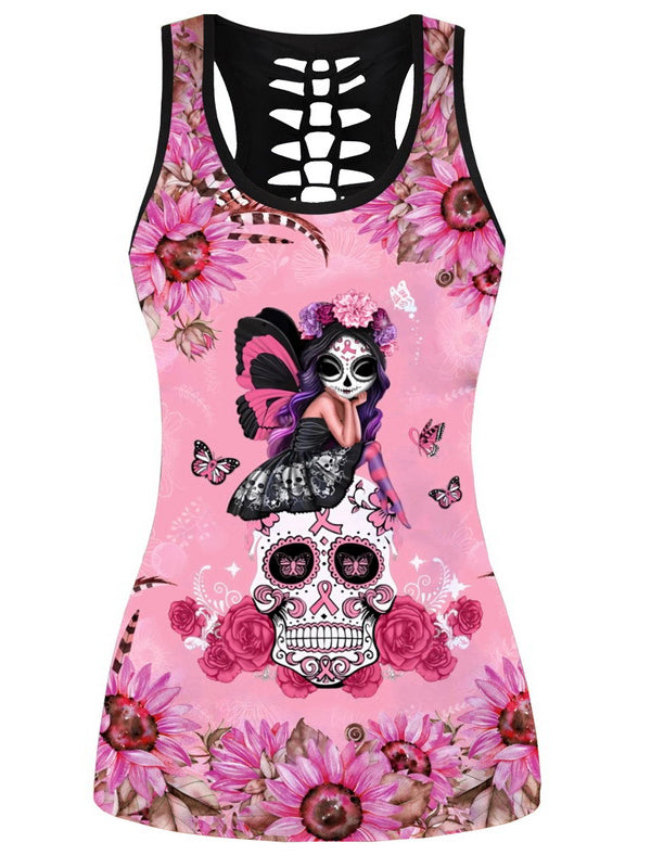 Printed Pink Skull Hollowed Vest&Leggings Sports Suits