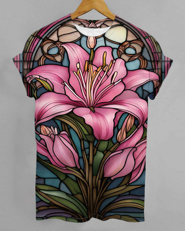 Lotus Colored Glazed Printed Round Neck Short-Sleeved T-Shirt