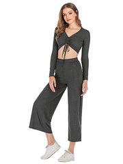 Solid Drawstring Long Sleeves Wide Leg Yoga Suits