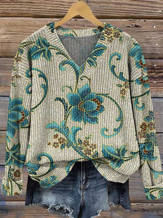 Women's Floral Print Casual V-Neck Pullover Sweater