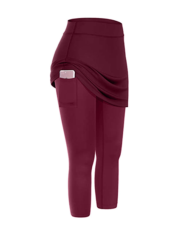 False Two Skinny Yoga Bottoms Pockets Solid Color Cropped Trousers