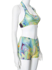 Skinny Wrap Backless Printed Halter-Neck Sports Bra&Shorts Suits