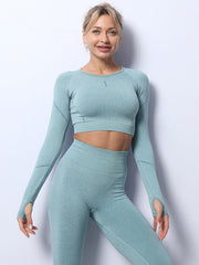 Solid Color Long-Sleeved Seamless Knitted Yoga Suits