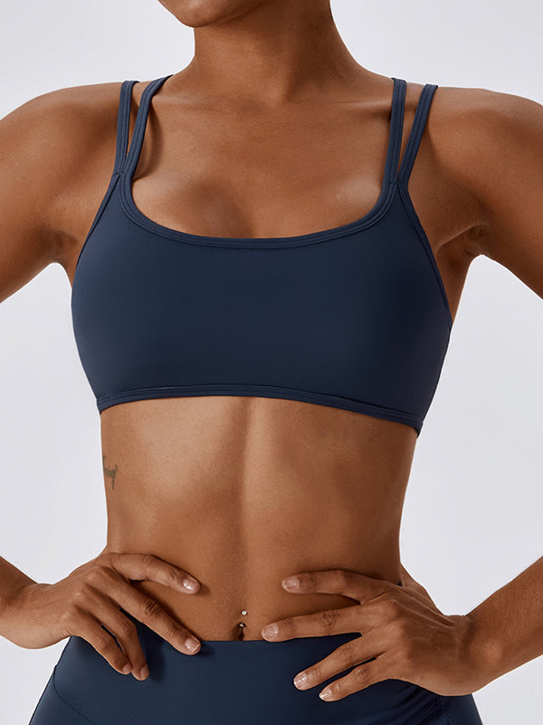 Wrap Back Cross Hollow Solid Color Spaghetti-Neck Sports Bra