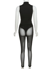 Wrap High-Neck Sleeveless Bodysuits&Mesh See-Through Leggings Suits