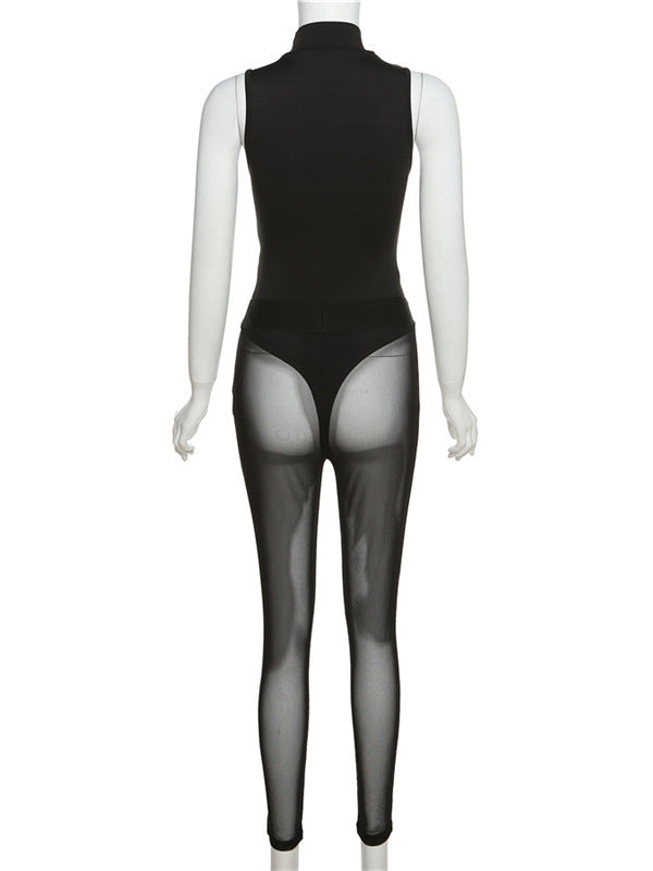 Wrap High-Neck Sleeveless Bodysuits&Mesh See-Through Leggings Suits