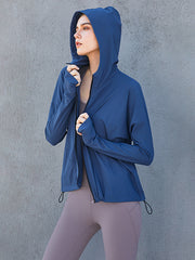 Long Sleeves Zipper Hooded Pockets Solid Color Sun Protection Coats