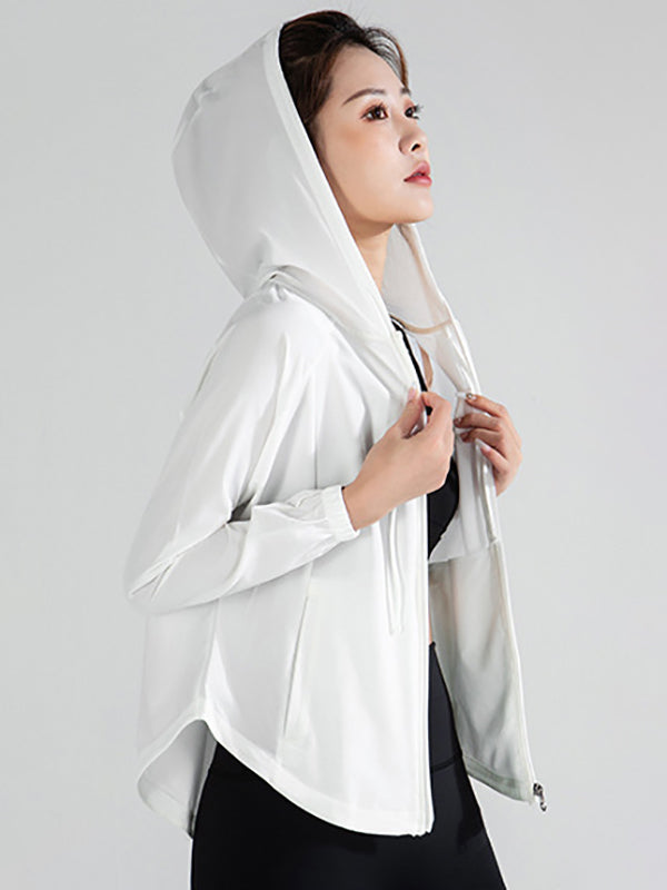 Long Sleeves Loose Hood Pockets Solid Color Zipper Yoga Tops