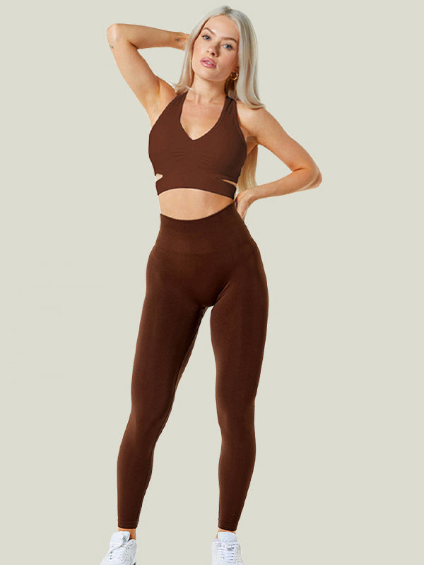 Skinny Wrap Hollow Spaghetti-Neck Sports Bra&Leggings Solid Color Suits