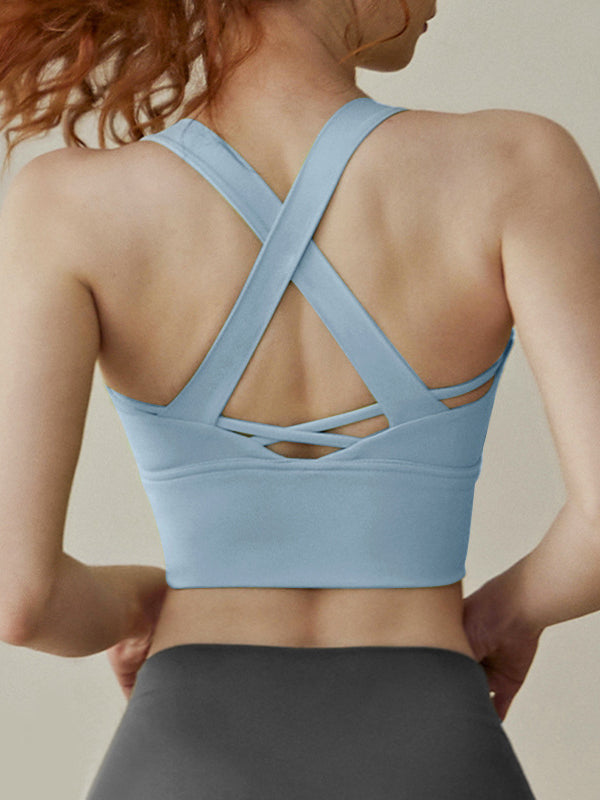 Skinny Wrap Yoga Tops Back Cross Hollow Solid Color Spaghetti-Neck Bra