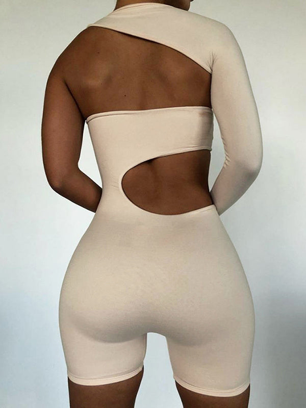 Long Sleeves Skinny Hollow Solid Color One-Shoulder Rompers