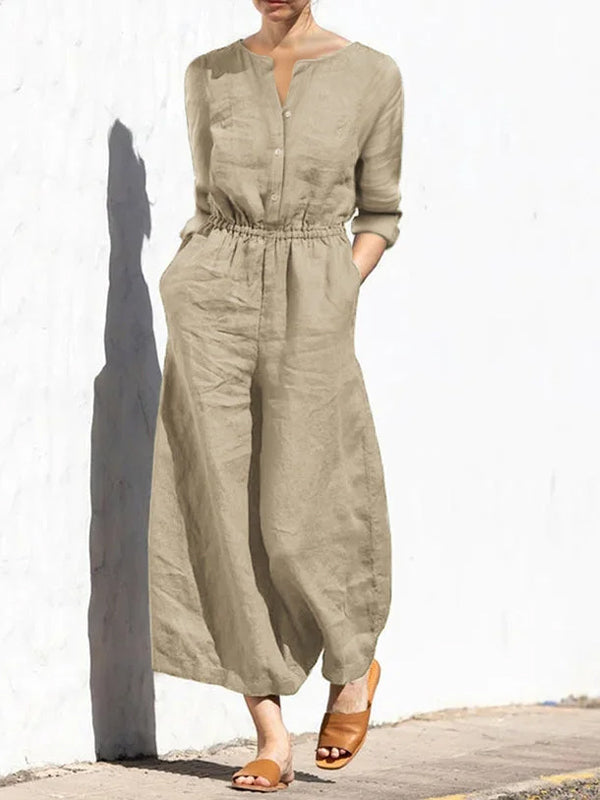 Round Neck Cotton And Linen Solid Color Long-Sleeved Jumpsuit