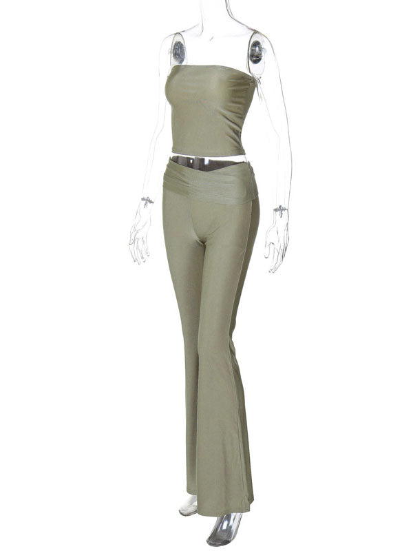 Skinny Sleeveless Solid Color Tube Tank&Flared Trousers Suits