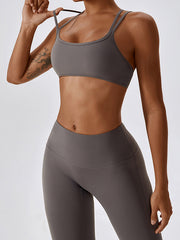 Wrap Back Cross Hollow Solid Color Spaghetti-Neck Sports Bra