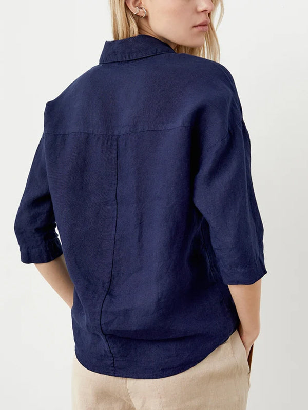 Lapel Cotton And Linen Solid Color Top