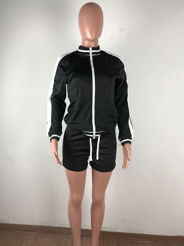 Rib Stitching Long Sleeve Zipper Shorts Sport Suit