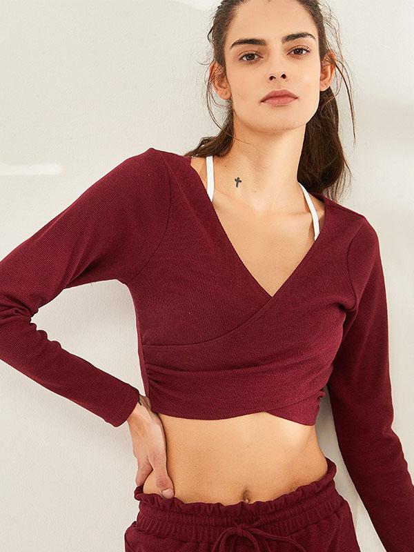 Solid Color V-Neck Exposed Navel Long Sleeves Tees