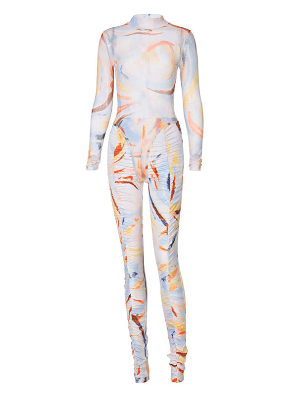 Tie-Dye Printed Long-Sleeved Bodysuits&Leggings Suits