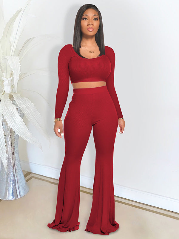 Leisure Solid Color Long Sleeve Top High-Waisted Flared Pants Sports Suit