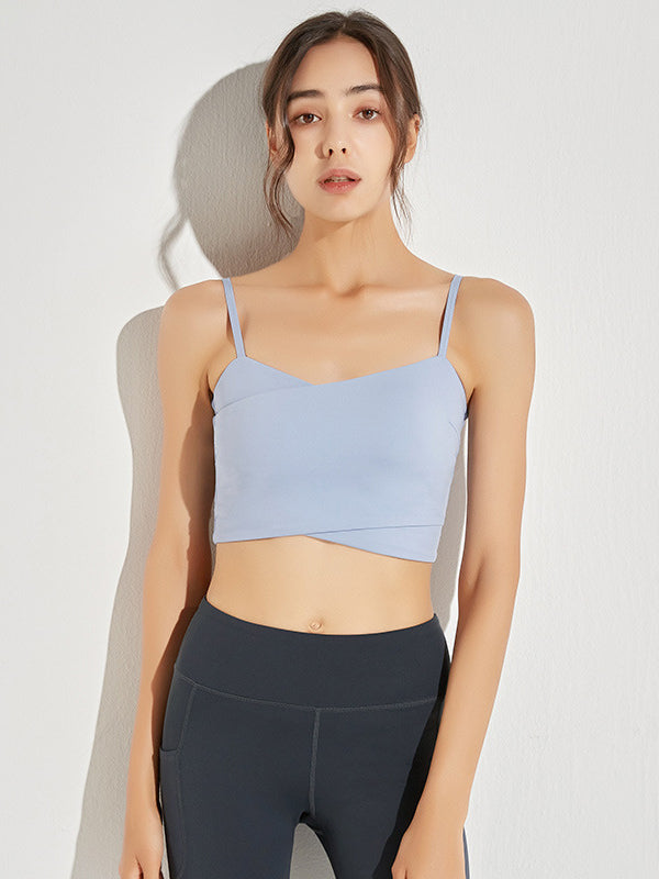 Detachable Hollow Solid Color Spaghetti-Neck Sports Bra