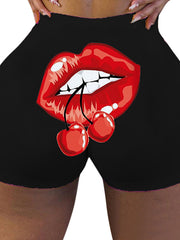 Red Lip Print High-Waisted Hip Lift Sports Shorts