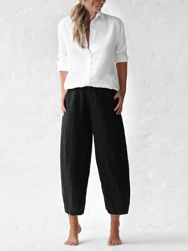 Simple Solid Color Wide Leg Women's Cotton Pants