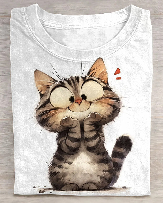 Ladies Cute Cat Print Short Sleeve Crew Neck T-Shirt