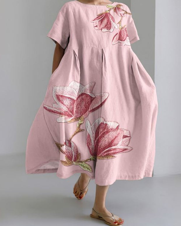 Simple Floral Print Loose Short Sleeve Cotton Linen Dress