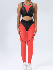 Skinny Wrap Contrast Color Spaghetti-Neck Sports Bra&Leggings Suits