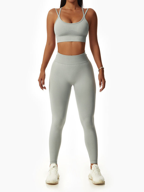 Skinny Wrap High-Waisted Hollow Bra&Leggings Solid Color Spaghetti-Neck Suits