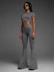 Cropped Letter Print Round-Neck Tee&Flared Pants Suits