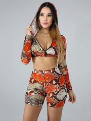 Snake Printed Crop Hoodies And Shorts Suits