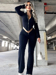 Wrap Solid Color Zipper Jackets&Pants Suits