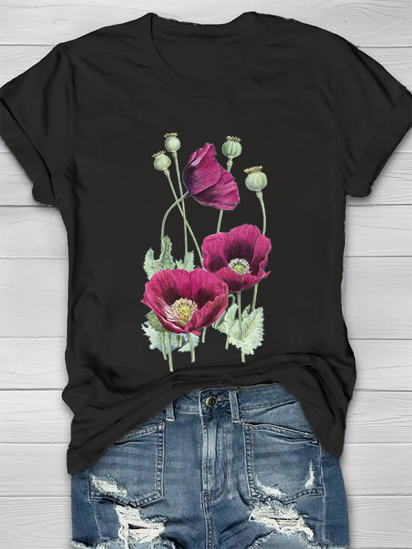Vintage Poppy Printed Crew Neck Women's T-shirt