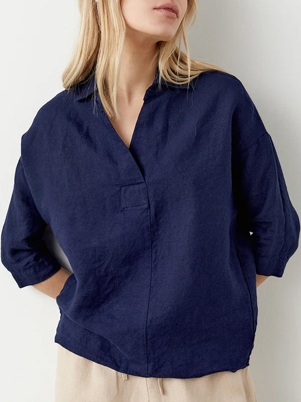 Lapel Cotton And Linen Solid Color Top
