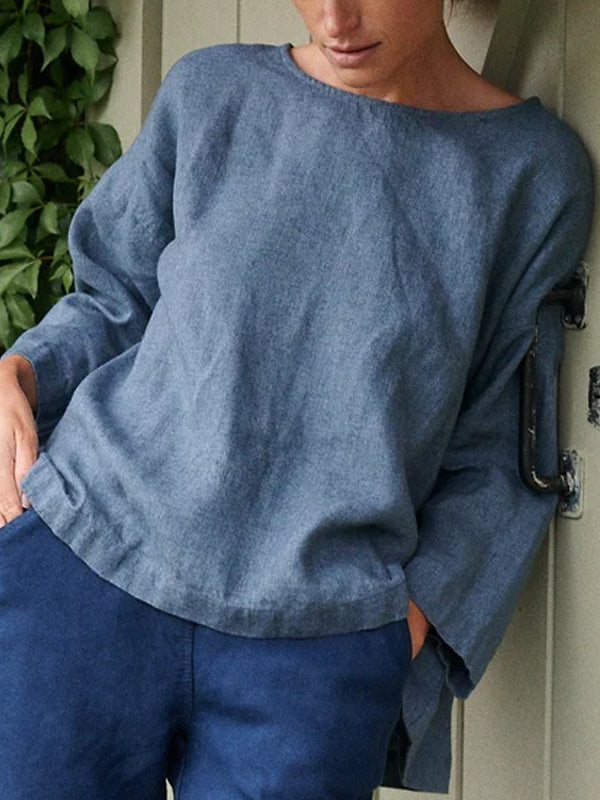 Round Neck Solid Color Cotton And Linen Top