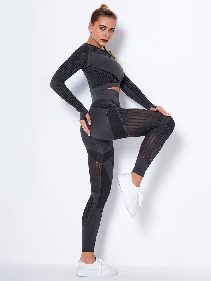 Contrast Color Long Sleeves Exposed Navel Tees&Leggings Sports Suits