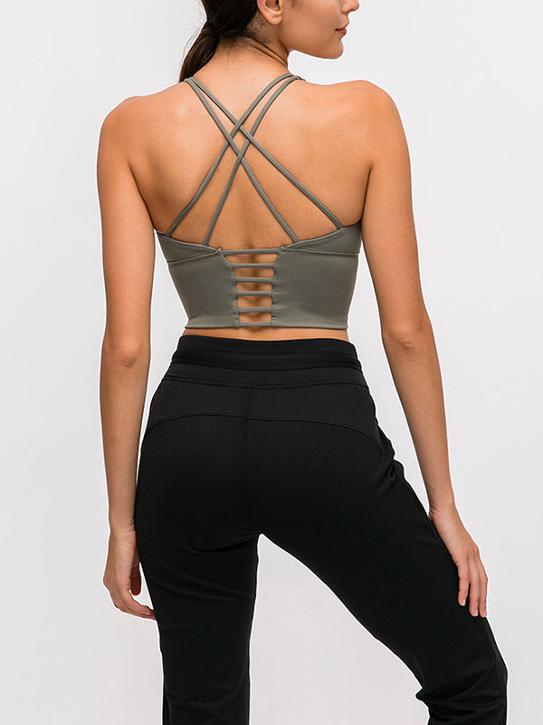 Skinny Wrap Yoga Tops Hollow Solid Color Spaghetti-Neck Bra