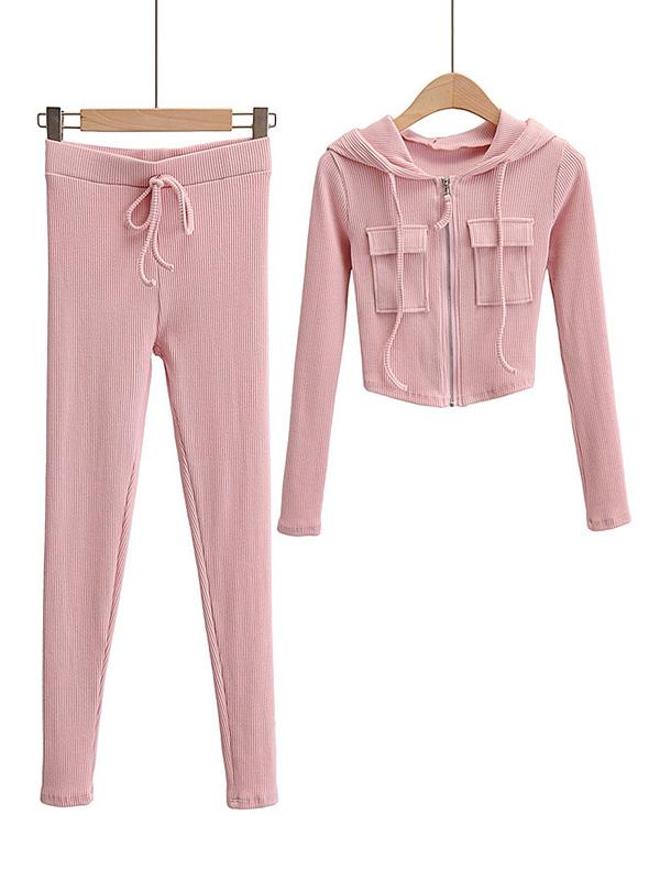 Wrap Solid Color Zipper Hooded Sweatshirt&Leggings Suits